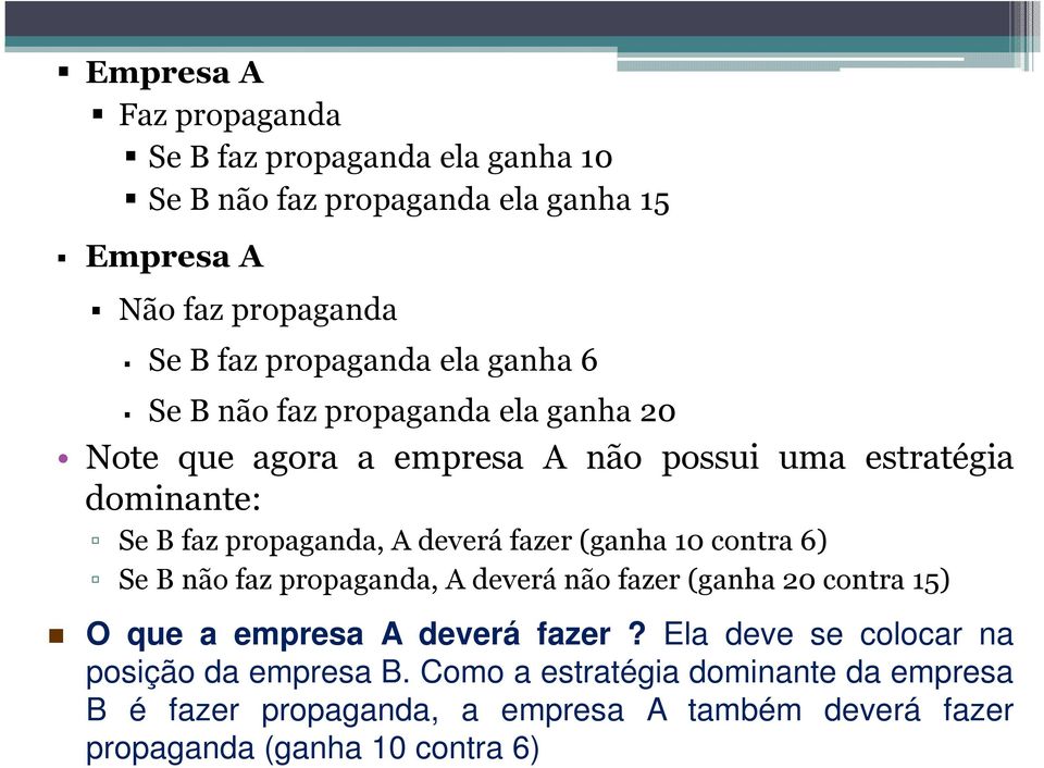 fazer (ganha 10 contra 6) Se B não faz propaganda, A deverá não fazer (ganha 20 contra 15) O que a empresa A deverá fazer?