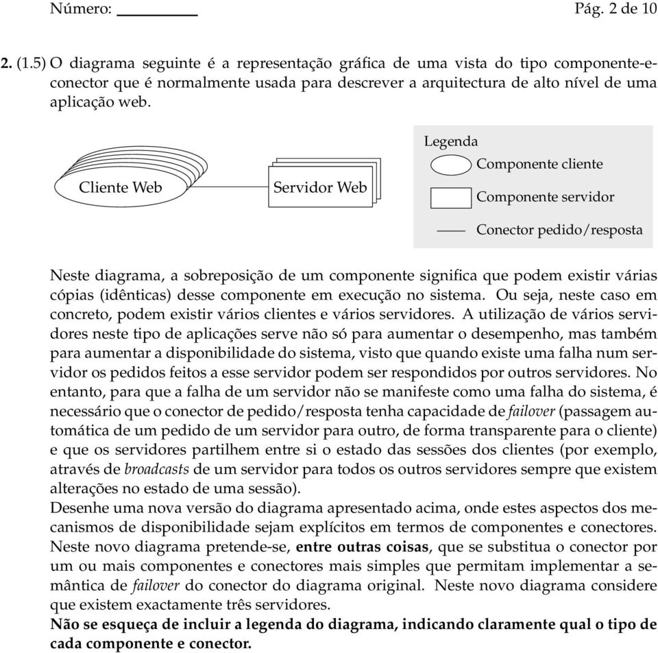 Cliente Web Servidor Web Legenda Componente cliente Componente servidor Conector pedido/resposta Neste diagrama, a sobreposição de um componente significa que podem existir várias cópias (idênticas)