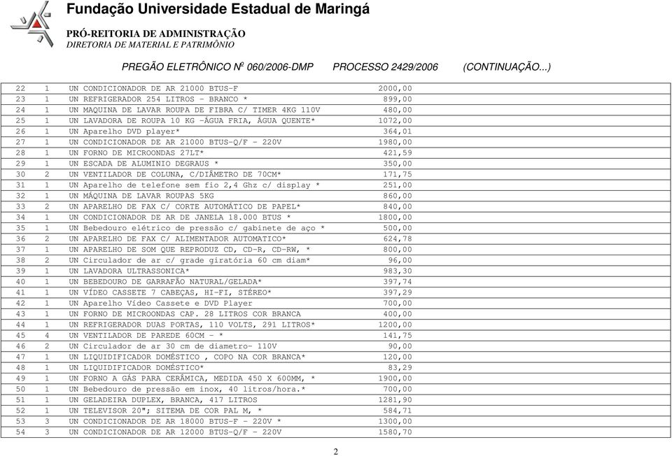 DEGRAUS * 350,00 30 2 UN VENTILADOR DE COLUNA, C/DIÂMETRO DE 70CM* 171,75 31 1 UN Aparelho de telefone sem fio 2,4 Ghz c/ display * 251,00 32 1 UN MÁQUINA DE LAVAR ROUPAS 5KG 860,00 33 2 UN APARELHO