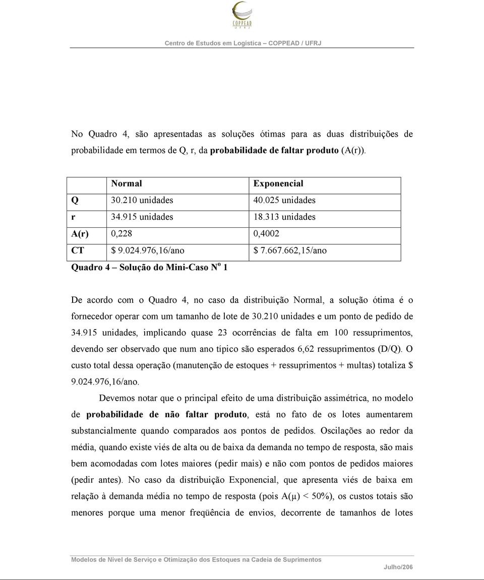 66,15/ano uadro 4 Solução do Mini-Caso N o 1 De acordo com o uadro 4, no caso da distribuição Normal, a solução ótima é o fornecedor operar com um tamanho de lote de 30.