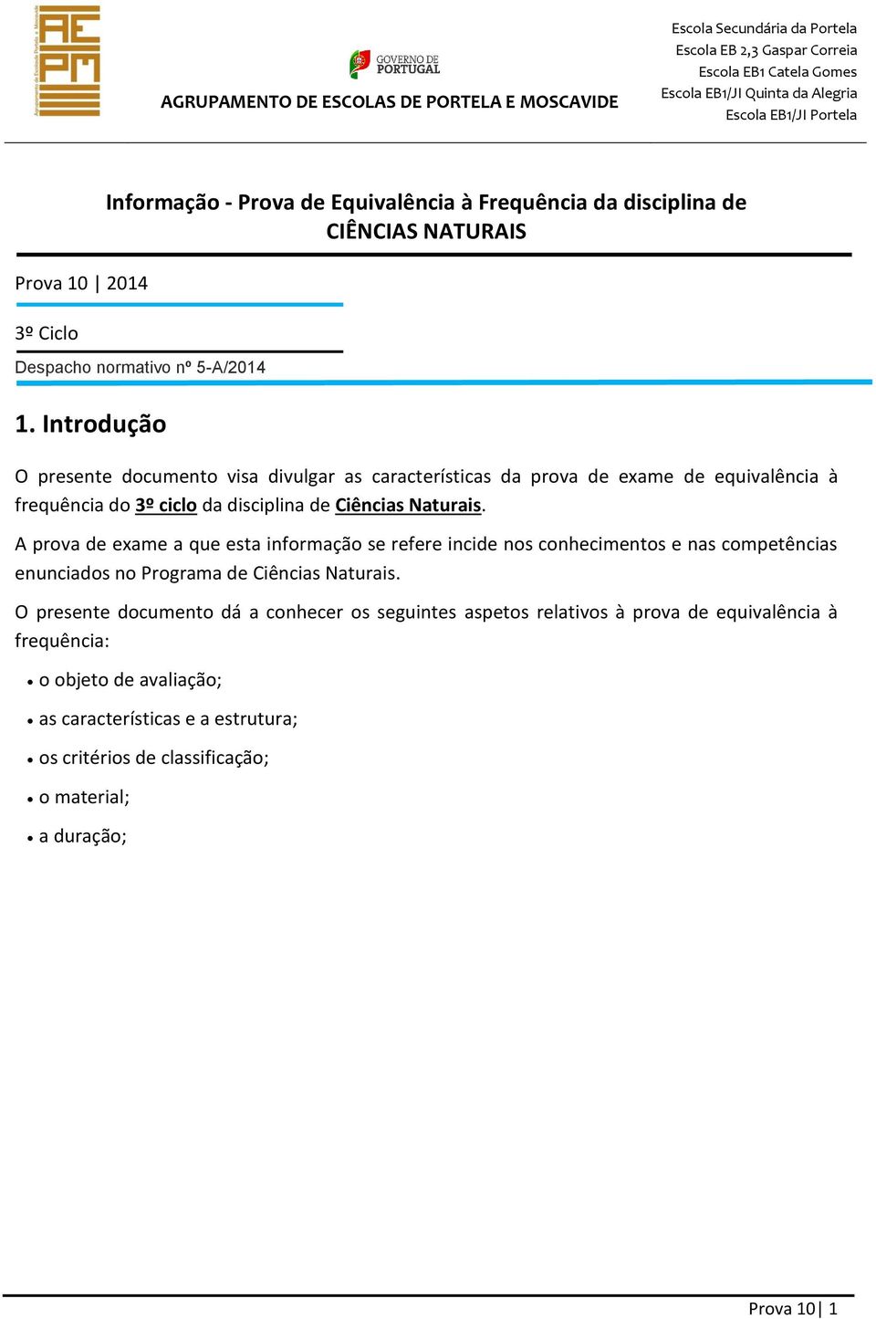 A prova de exame a que esta informação se refere incide nos conhecimentos e nas competências enunciados no Programa de Ciências Naturais.