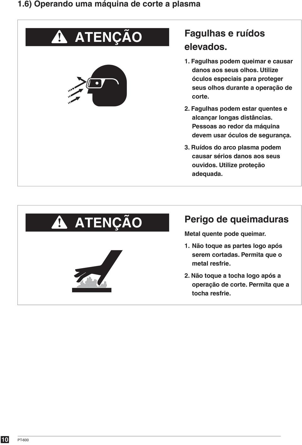 Pessoas ao redor da máquina devem usar óculos de segurança. 3. Ruídos do arco plasma podem causar sérios danos aos seus ouvidos. Utilize proteção adequada.