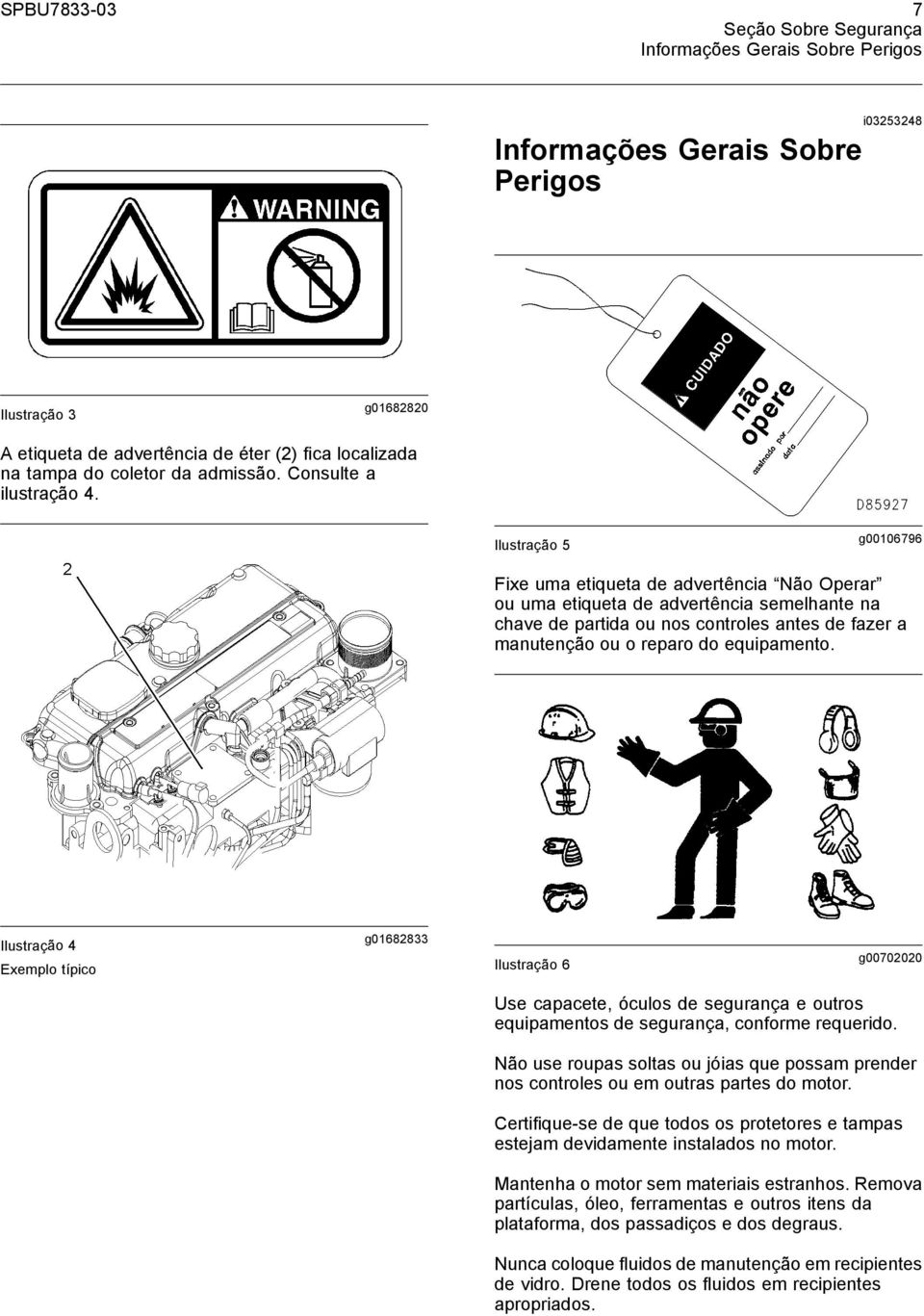 Ilustração 5 g00106796 Fixe uma etiqueta de advertência Não Operar ou uma etiqueta de advertência semelhante na chave de partida ou nos controles antes de fazer a manutenção ou o reparo do