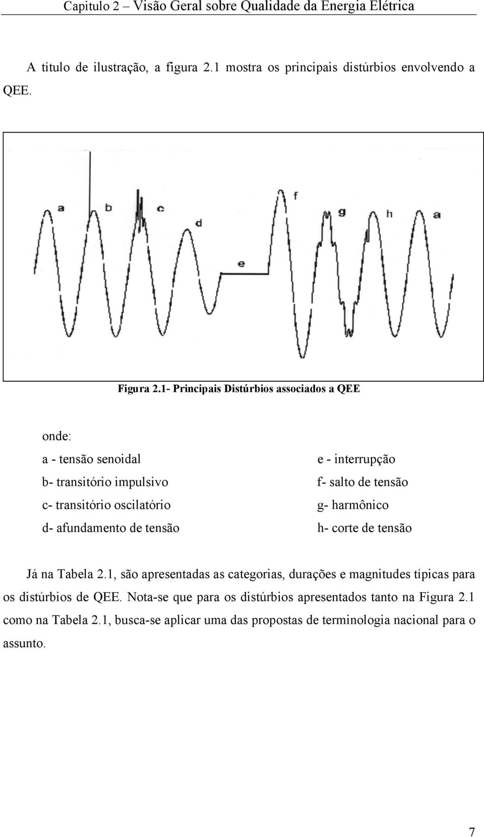 g- harmônico d- afundamento de tensão h- corte de tensão Já na Tabela.