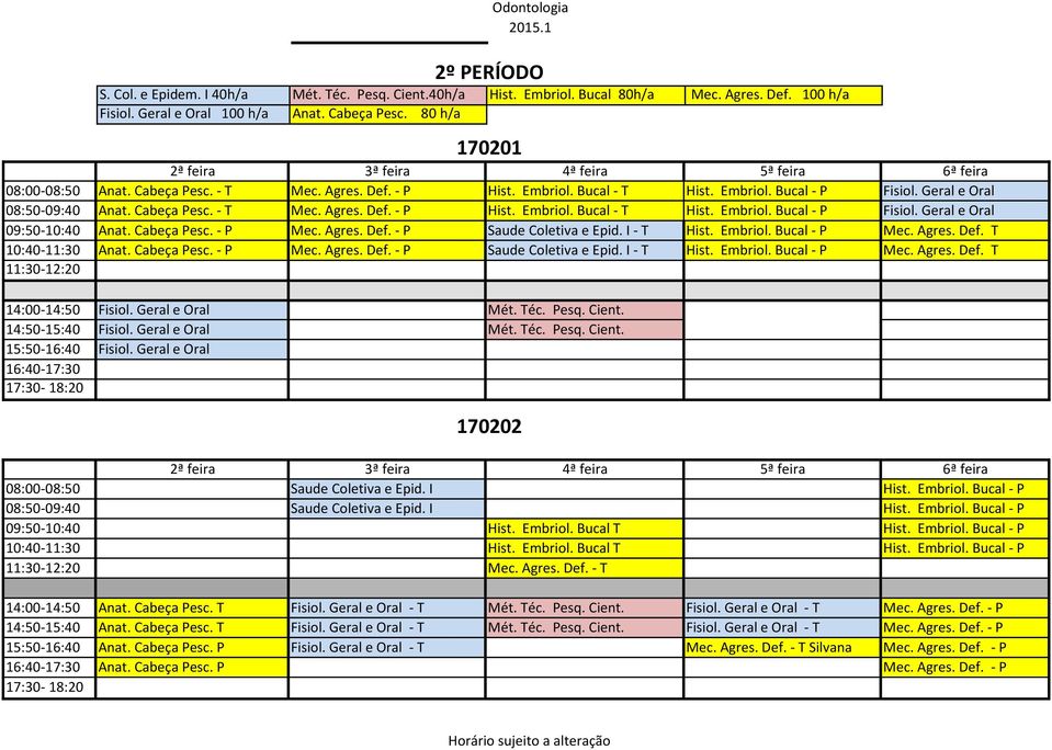 Cabeça Pesc. - P Mec. Agres. Def. - P Saude Coletiva e Epid. I - T Hist. Embriol. Bucal - P Mec. Agres. Def. T 10:40-11:30 Anat. Cabeça Pesc. - P Mec. Agres. Def. - P Saude Coletiva e Epid. I - T Hist. Embriol. Bucal - P Mec. Agres. Def. T 14:00-14:50 Fisiol.