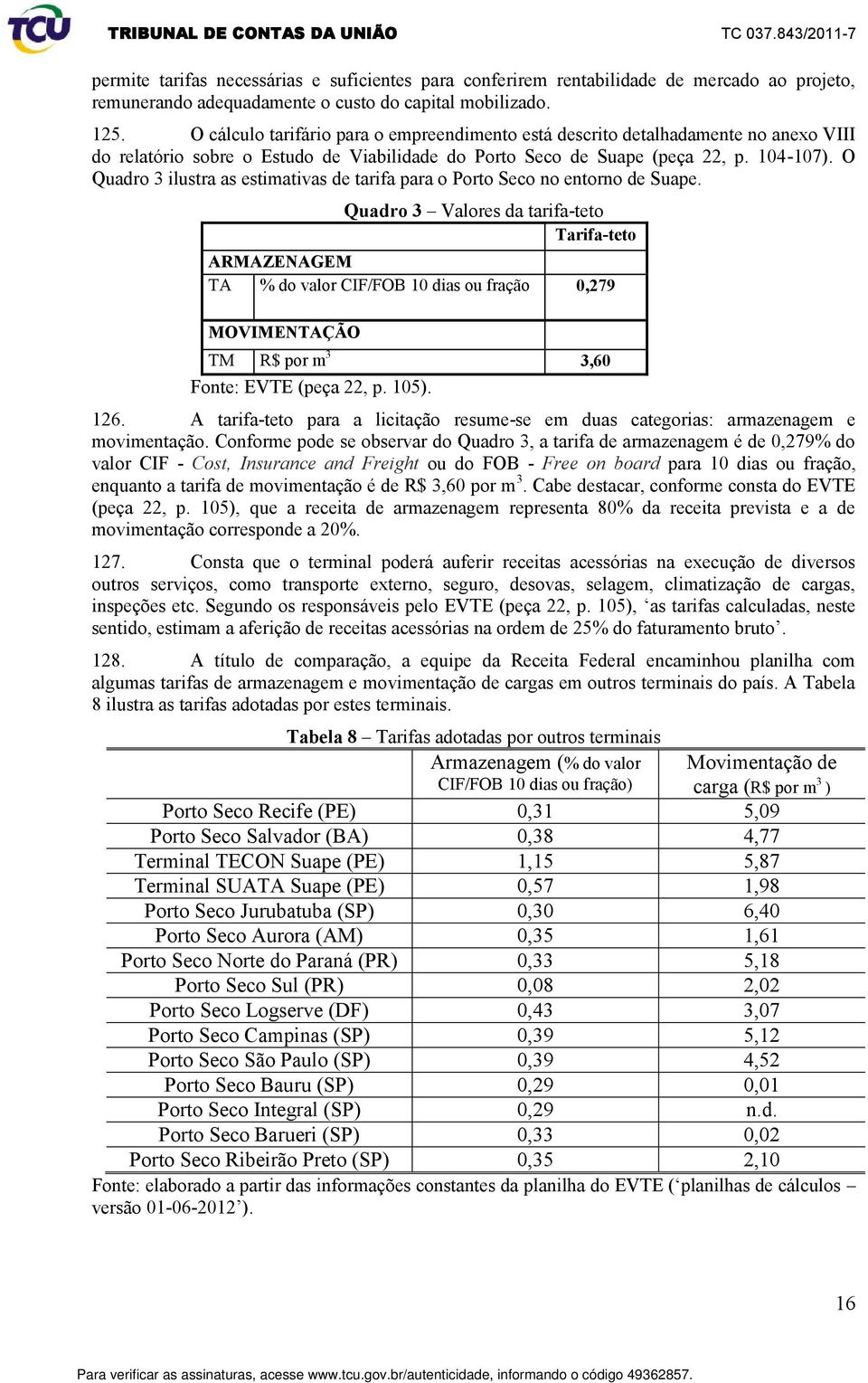 O Quadro 3 ilustra as estimativas de tarifa para o Porto Seco no entorno de Suape.