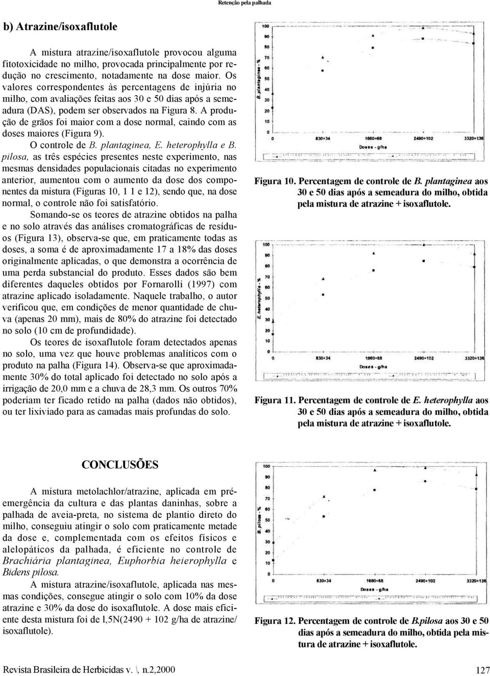 A produção de grãos foi maior com a dose normal, caindo com as doses maiores (Figura 9). O controle de B. plantaginea, E. heterophylla e B.