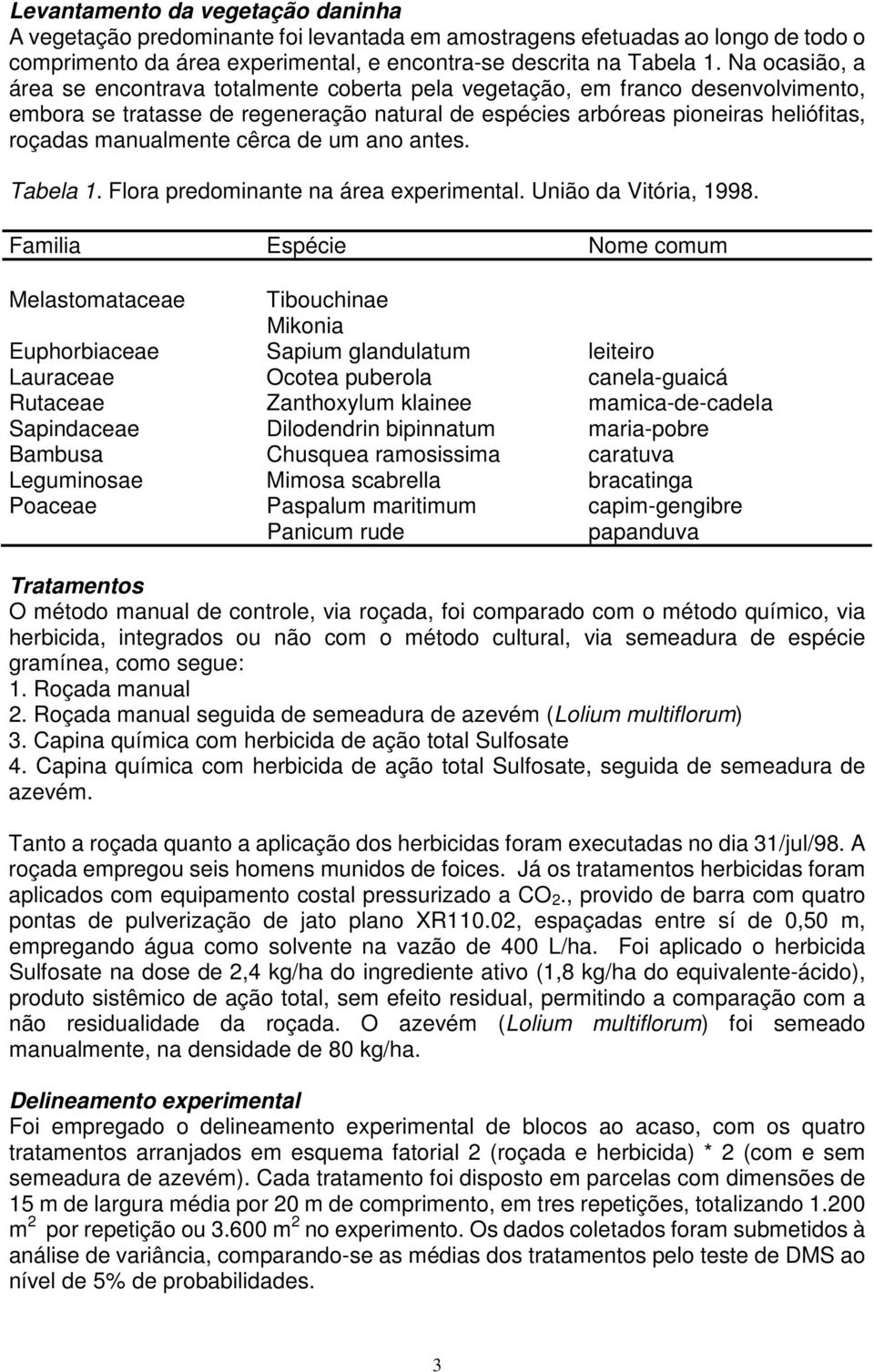 cêrca de um ano antes. Tabela 1. Flora predominante na área experimental. União da Vitória, 1998.