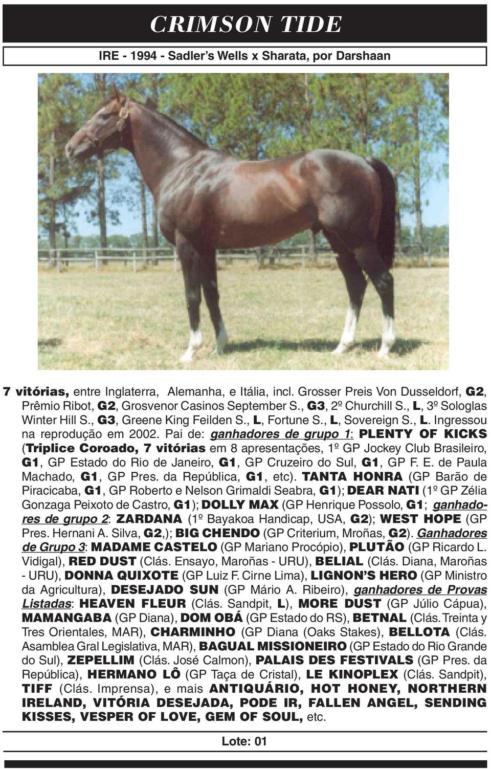 Pai de: ganhadores de grupo 1: PLENTY OF KICKS (Triplice Coroado, 7 vitórias em 8 apresentações, 1º GP Jockey Club Brasileiro, G1, GP Estado do Rio de Janeiro, G1, GP Cruzeiro do Sul, G1, GP F. E. de Paula Machado, G1, GP Pres.