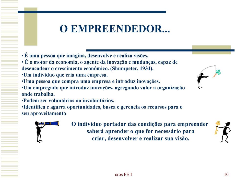 Uma pessoa que compra uma empresa e introduz inovações. Um empregado que introduz inovações, agregando valor a organização onde trabalha.