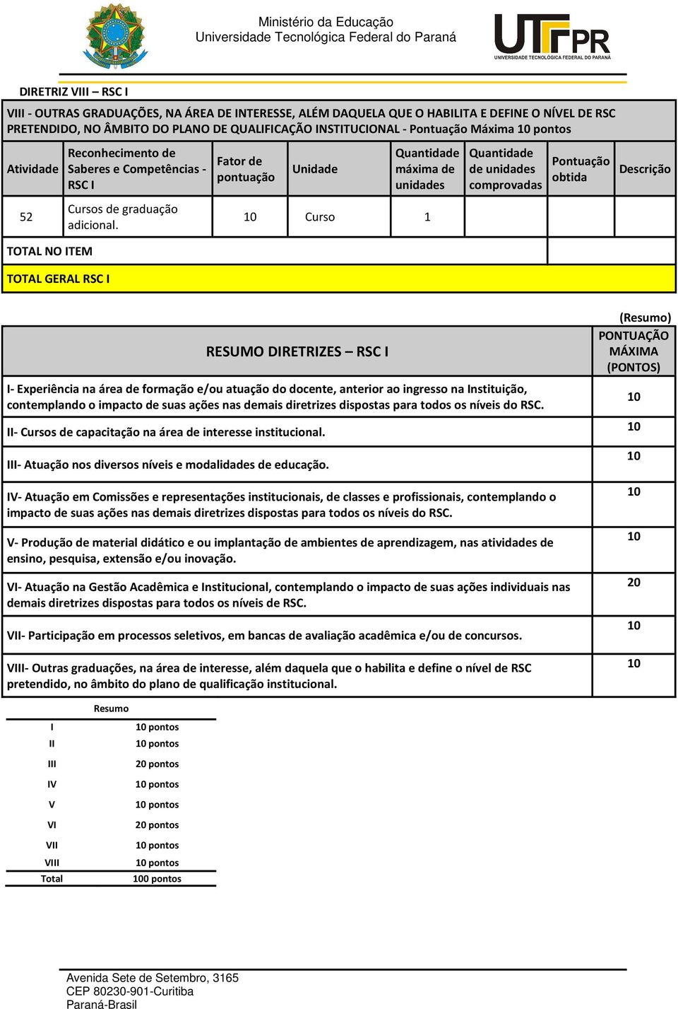 máxima de 10 Curso 1 de RESUMO DIRETRIZES RSC I I- Experiência na área de formação e/ou atuação do docente, anterior ao ingresso na Instituição, contemplando o impacto de suas ações nas demais