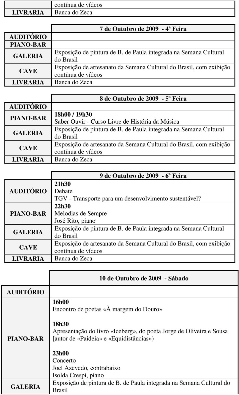 22h30 Melodias de Sempre José Rito, piano 10 de Outubro de 2009 - Sábado 16h00 Encontro de poetas «À margem do Douro» 18h30