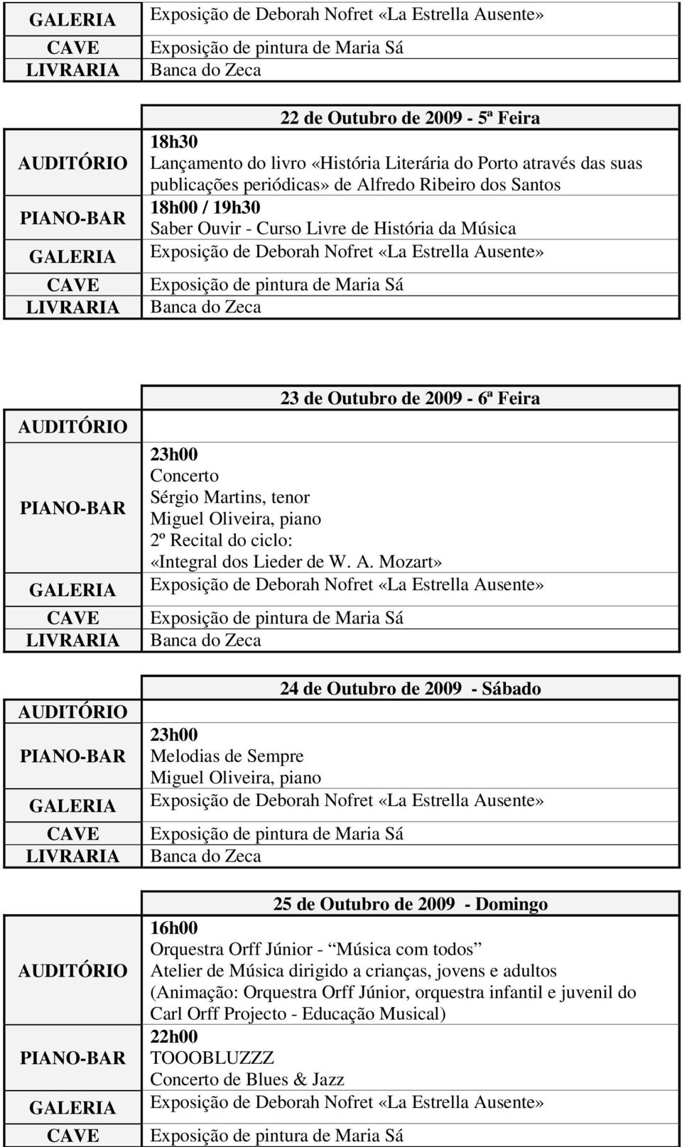 Mozart» 24 de Outubro de 2009 - Sábado Melodias de Sempre Miguel Oliveira, piano 25 de Outubro de 2009 - Domingo 16h00 Orquestra Orff Júnior - Música com todos Atelier de