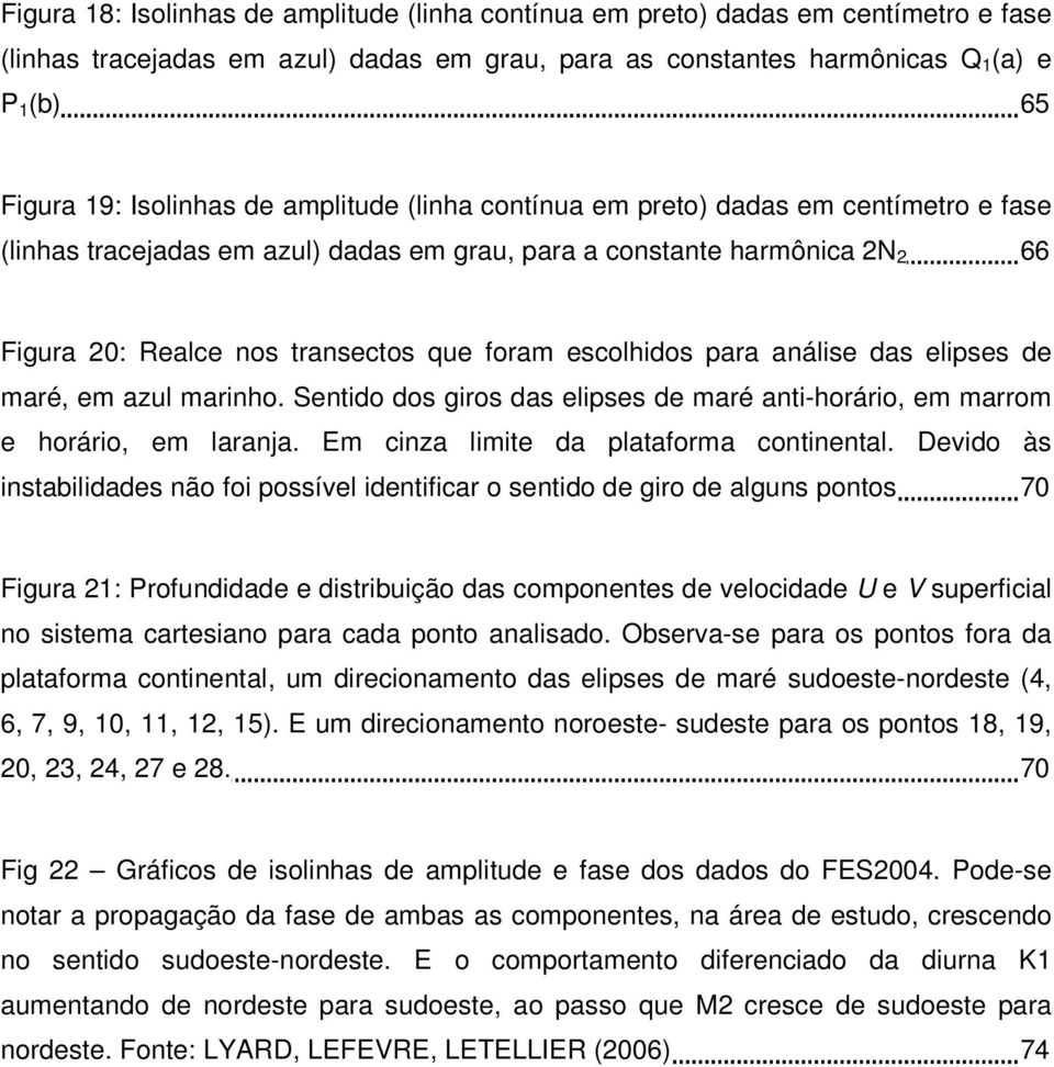 escolhidos para análise das elipses de maré, em azul marinho. Sentido dos giros das elipses de maré anti-horário, em marrom e horário, em laranja. Em cinza limite da plataforma continental.