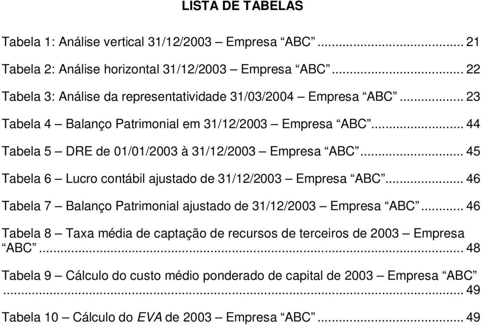 .. 44 Tabela 5 DRE de 01/01/2003 à 31/12/2003 Empresa ABC... 45 Tabela 6 Lucro contábil ajustado de 31/12/2003 Empresa ABC.