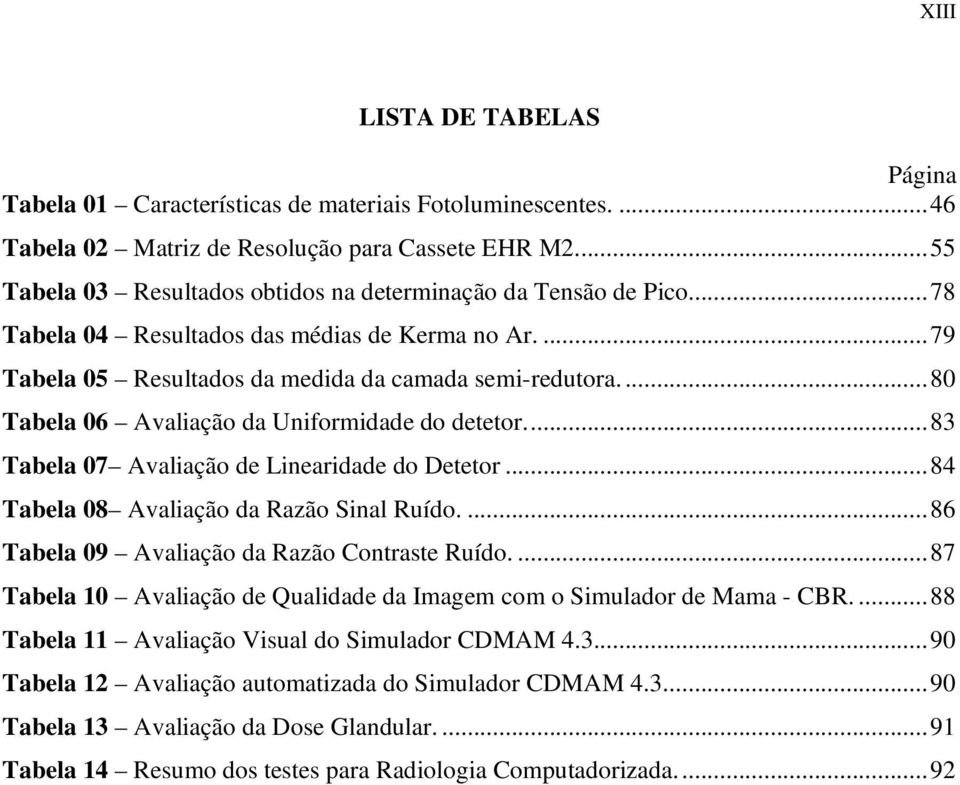 ... 80 Tabela 06 Avaliação da Uniformidade do detetor.... 83 Tabela 07 Avaliação de Linearidade do Detetor... 84 Tabela 08 Avaliação da Razão Sinal Ruído.