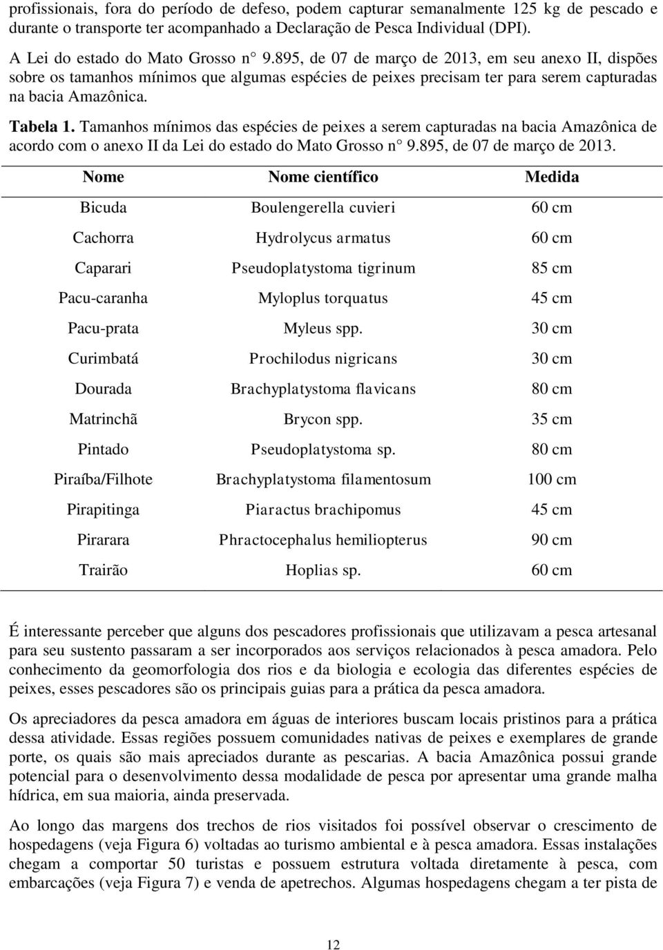 Tabela 1. Tamanhos mínimos das espécies de peixes a serem capturadas na bacia Amazônica de acordo com o anexo II da Lei do estado do Mato Grosso n 9.895, de 07 de março de 2013.