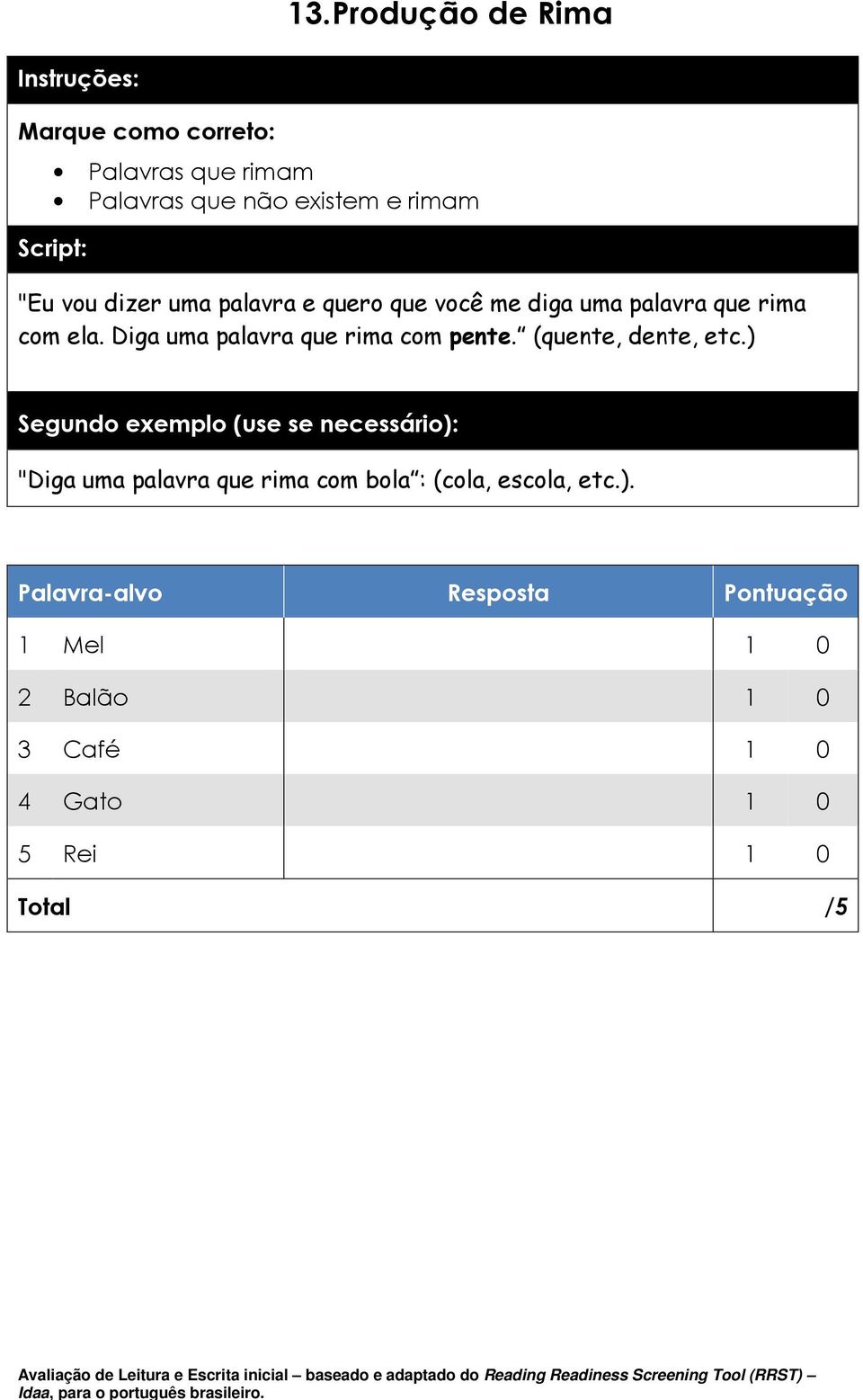 Reading Readiness Screening Tool