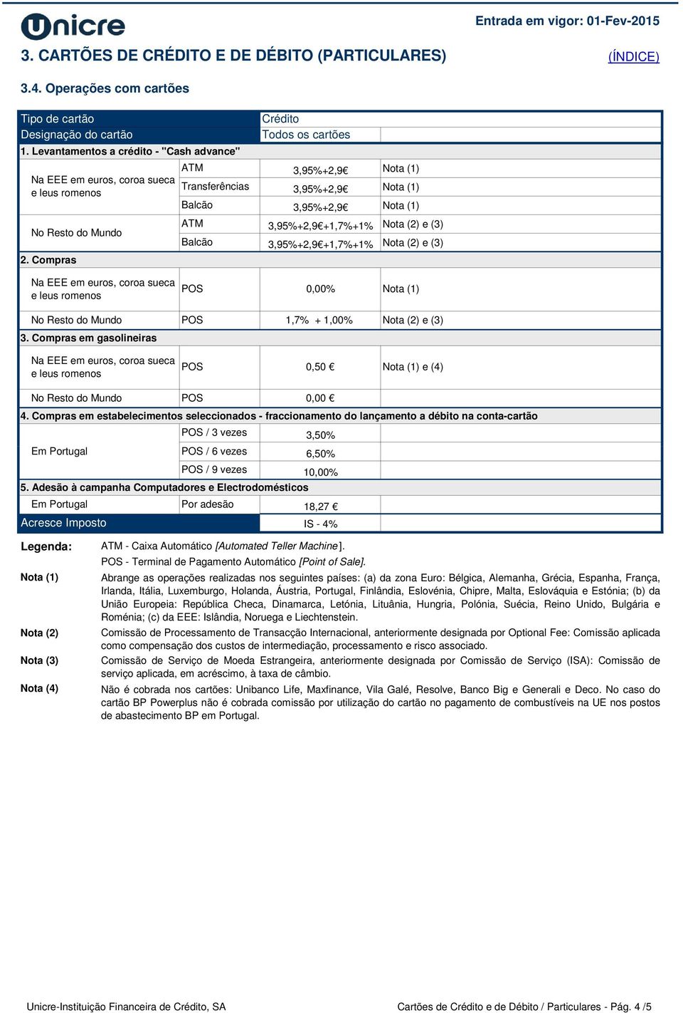 Compras Crédito Todos os cartões ATM 3,95%+2,9 Transferências 3,95%+2,9 Balcão 3,95%+2,9 ATM 3,95%+2,9 +1,7%+1% Balcão 3,95%+2,9 +1,7%+1% e (3) e (3) Na EEE em euros, coroa sueca e leus romenos POS