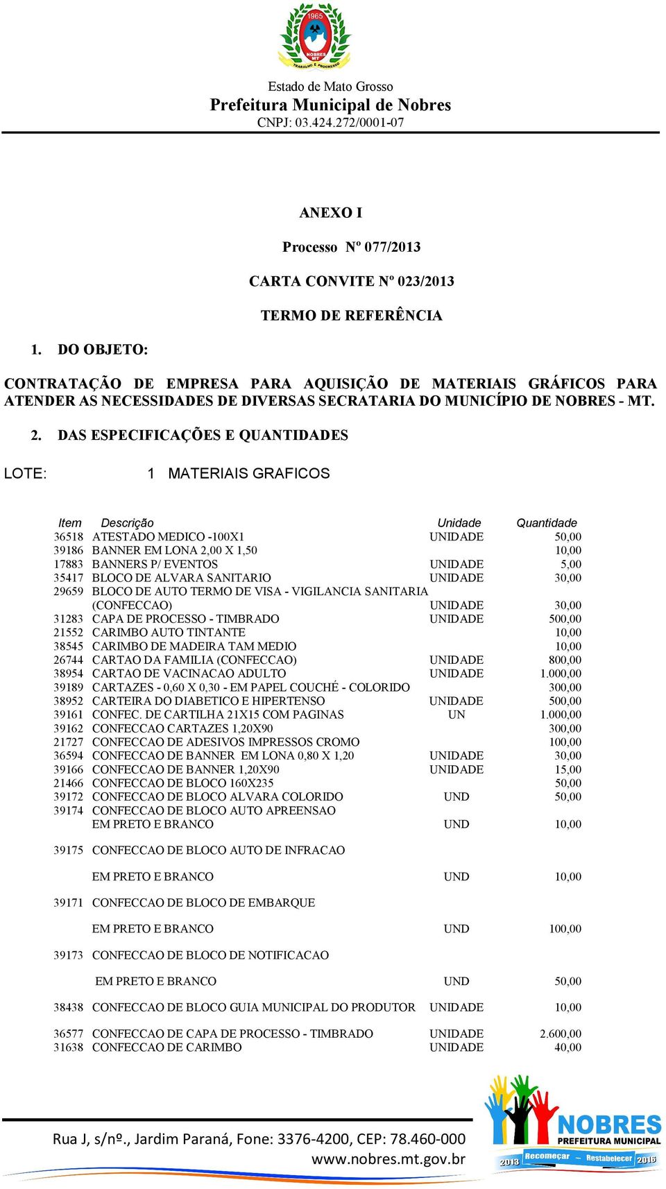 DAS ESPECIFICAÇÕES E QUANTIDADES LOTE: 1 MATERIAIS GRAFICOS Item Descrição Unidade Quantidade 36518 ATESTADO MEDICO -100X1 UNIDADE 50,00 39186 BANNER EM LONA 2,00 X 1,50 10,00 17883 BANNERS P/