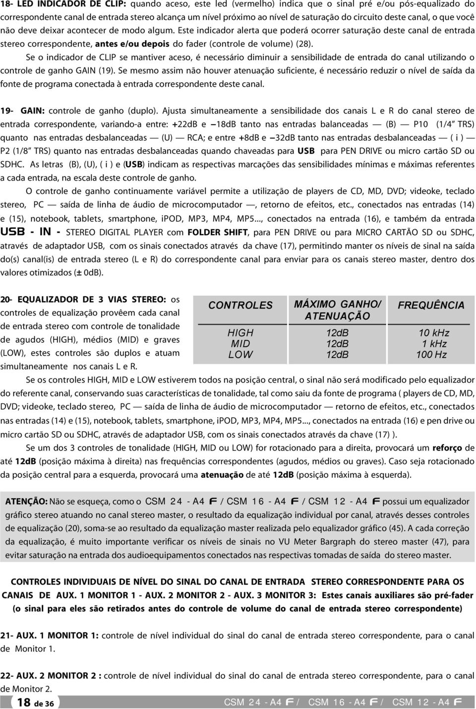 Este indicador alerta que poderá ocorrer saturação deste canal de entrada stereo correspondente, antes e/ou depois do fader (controle de volume) (28).