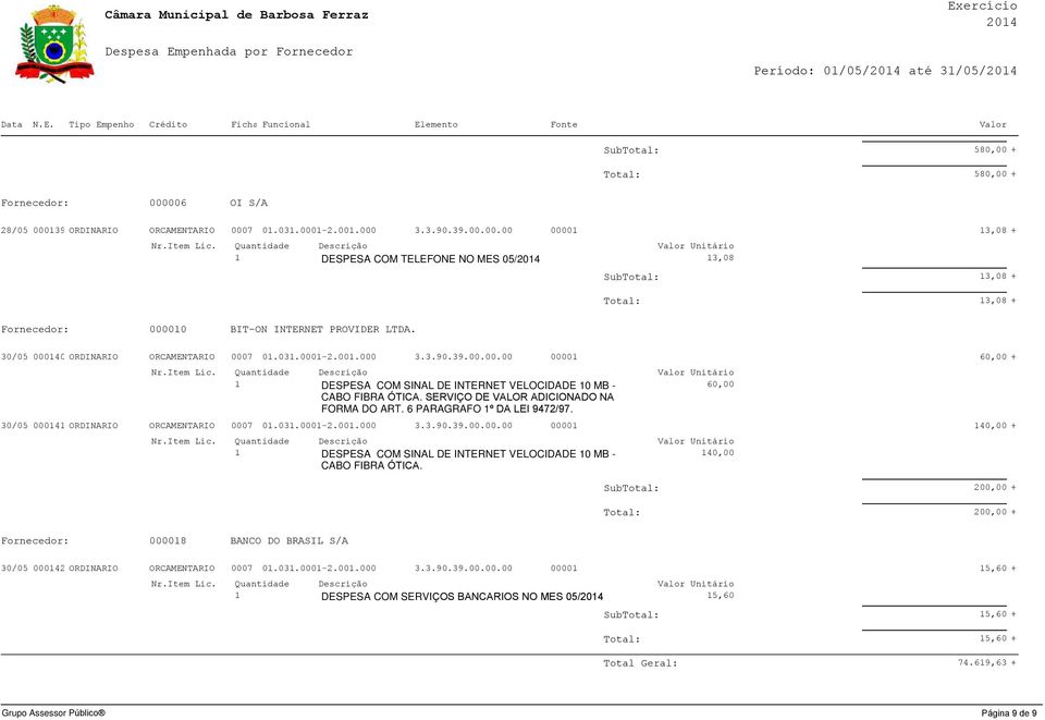 6 PARAGRAFO º DA LEI 9472/97. 0/05 0004 ORDINARIO ORCAMENTARIO 0007 0.0.000-2.00.000..90.9.00.00.00 0000 40,00 + DESPESA COM SINAL DE INTERNET VELOCIDADE 0 MB - 40,00 CABO FIBRA ÓTICA.