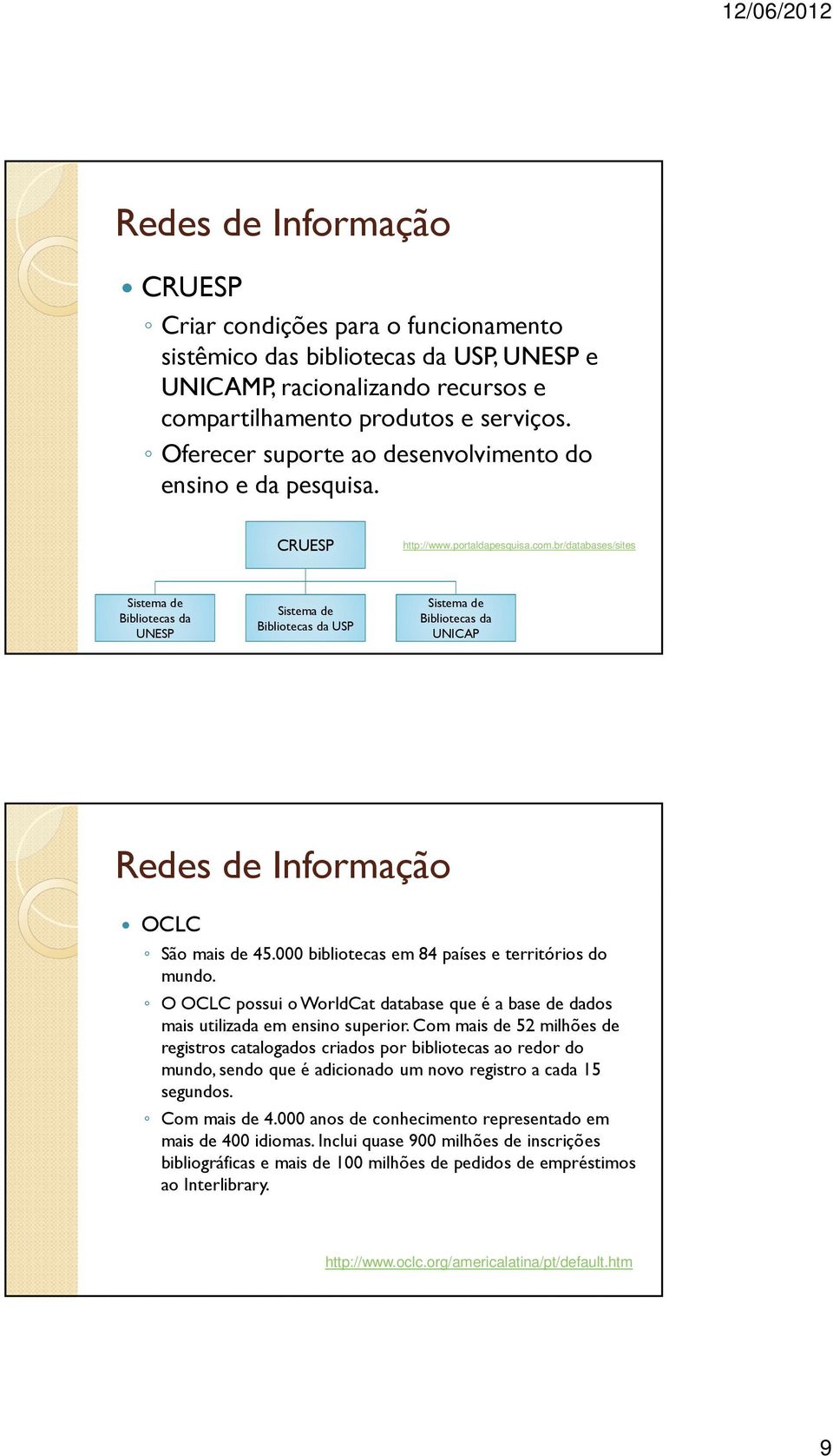 br/databases/sites Sistema de Bibliotecas da UNESP Sistema de Bibliotecas da USP Sistema de Bibliotecas da UNICAP OCLC São mais de 45.000 bibliotecas em 84 países e territórios do mundo.