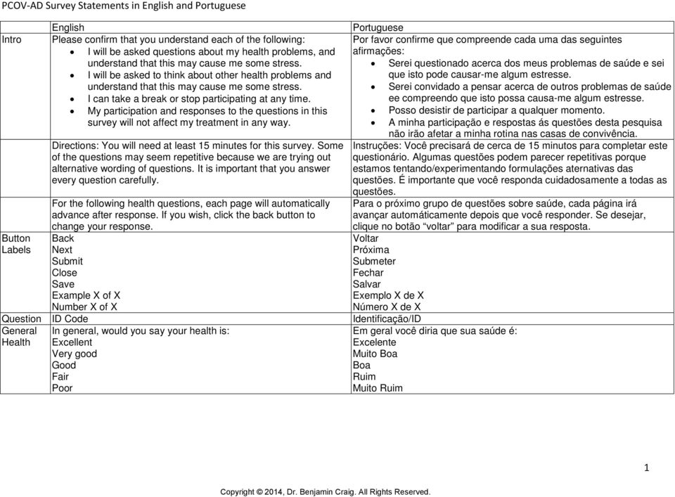 Serei questionado acerca dos meus problemas de saúde e sei I will be asked to think about other health problems and que isto pode causar-me algum estresse.