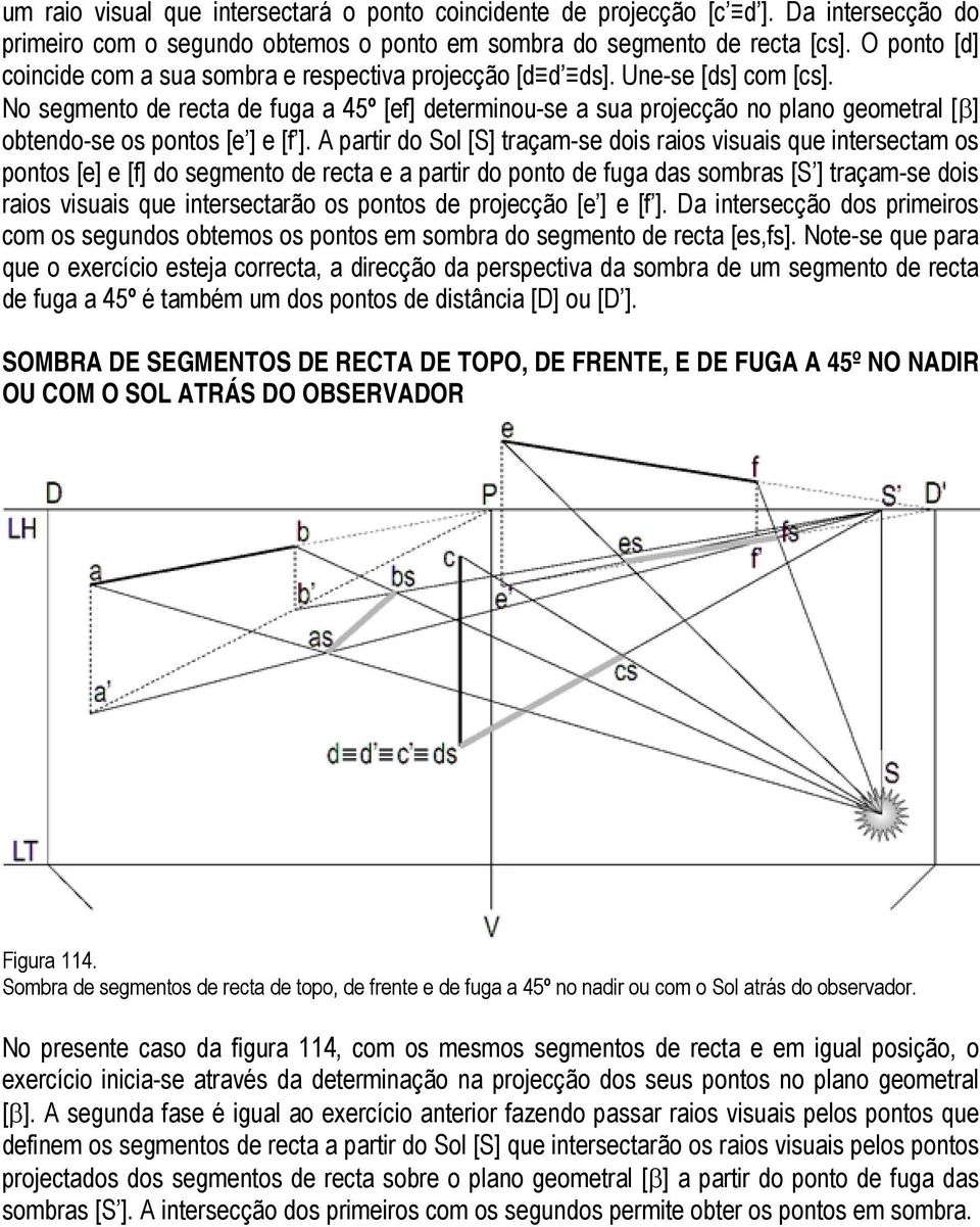 No segmento de recta de fuga a 45º [ef] determinou-se a sua projecção no plano geometral [β] obtendo-se os pontos [e ] e [f ].