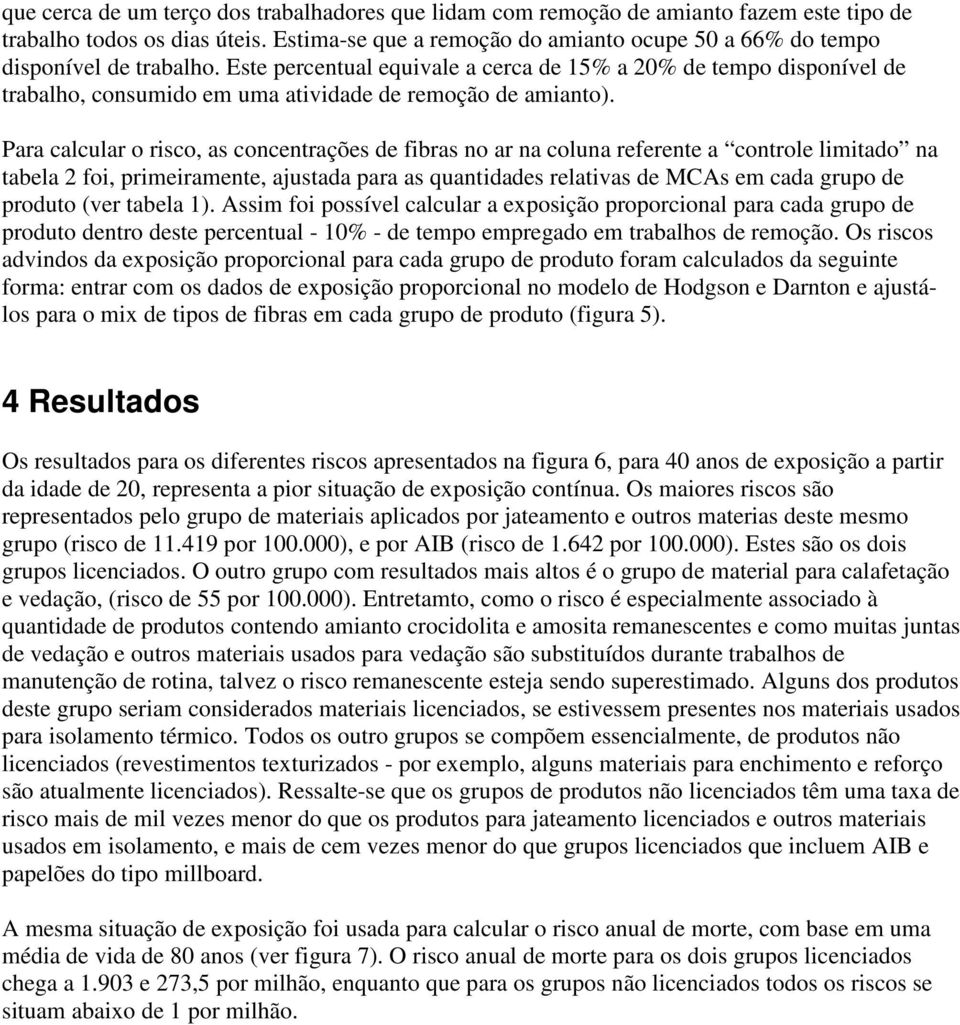 Este percentual equivale a cerca de 15% a 20% de tempo disponível de trabalho, consumido em uma atividade de remoção de amianto).