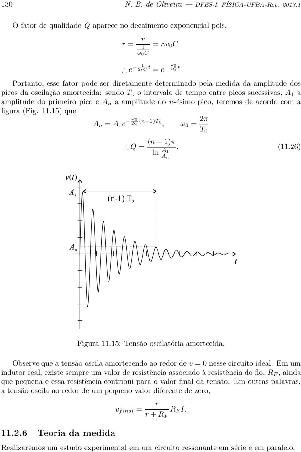 pimeio pico e A n a amplitude do n-ésimo pico, teemos de acodo com a figua (Fig..5) que v( t) A n = A e ω 0 2Q (n )T0, ω 0 = 2π T 0 (n )π Q =. (.26) ln A A n A (n-) T 0 A n t Figua.