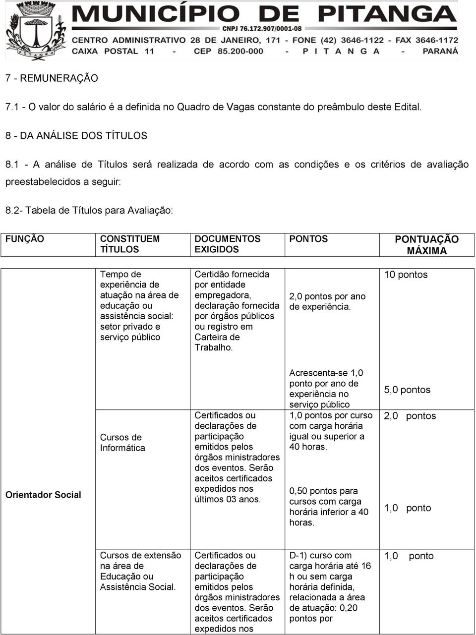 2- Tabela de Títulos para Avaliação: FUNÇÃO CONSTITUEM TÍTULOS DOCUMENTOS EXIGIDOS PONTOS PONTUAÇÃO MÁXIMA Tempo de experiência de atuação na área de educação ou assistência social: setor privado e