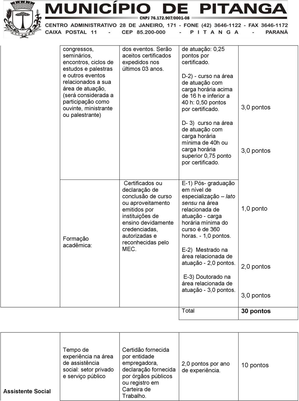 D-2) - curso na área de atuação com carga horária acima de 16 h e inferior a 40 h: 0,50 pontos por certificado.