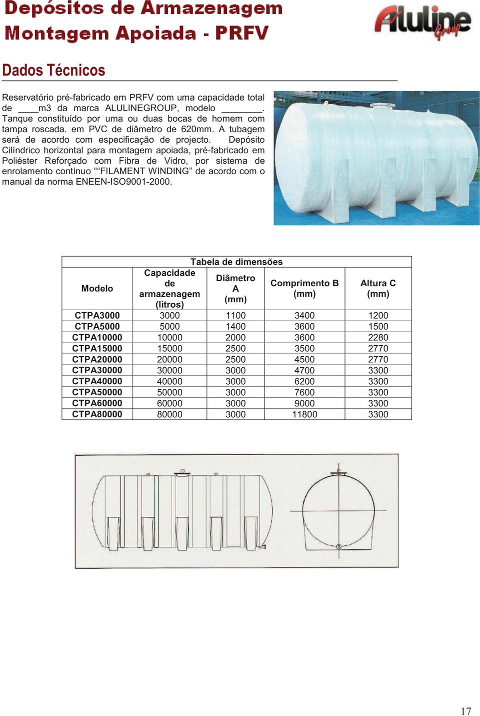 Depósito Cilíndrico horizontal para montagem apoiada, pré-fabricado em Poliéster Reforçado com Fibra de Vidro, por sistema de enrolamento contínuo FILAMENT WINDING de acordo com o manual da norma