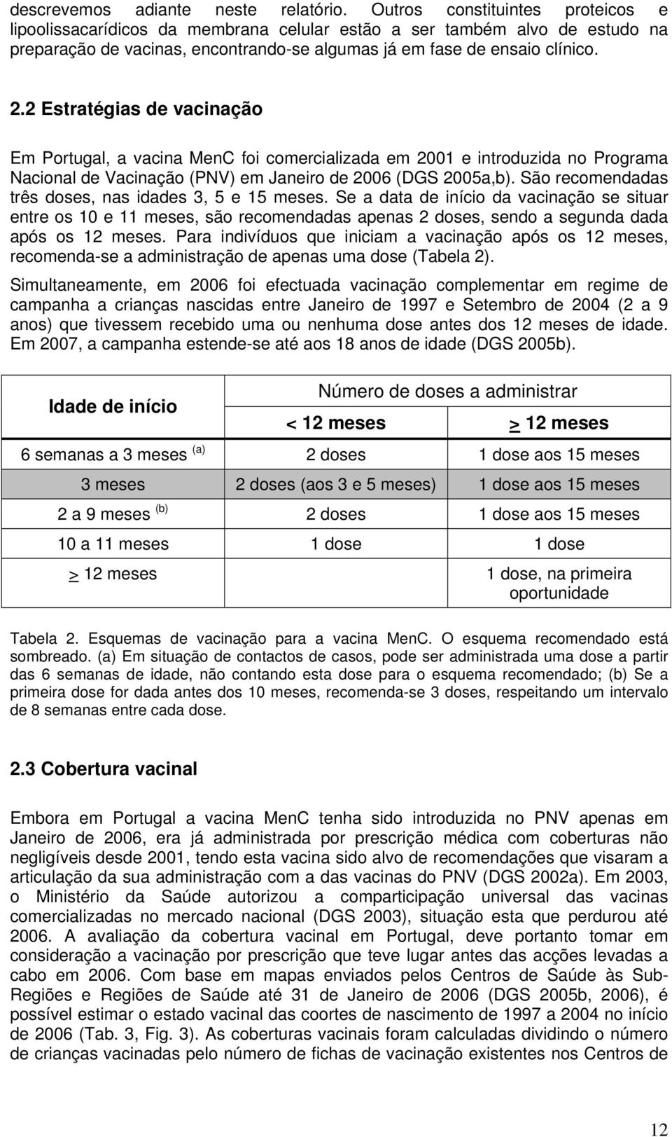 2 Estratégias de vacinação Em Portugal, a vacina MenC foi comercializada em 2001 e introduzida no Programa Nacional de Vacinação (PNV) em Janeiro de 2006 (DGS 2005a,b).