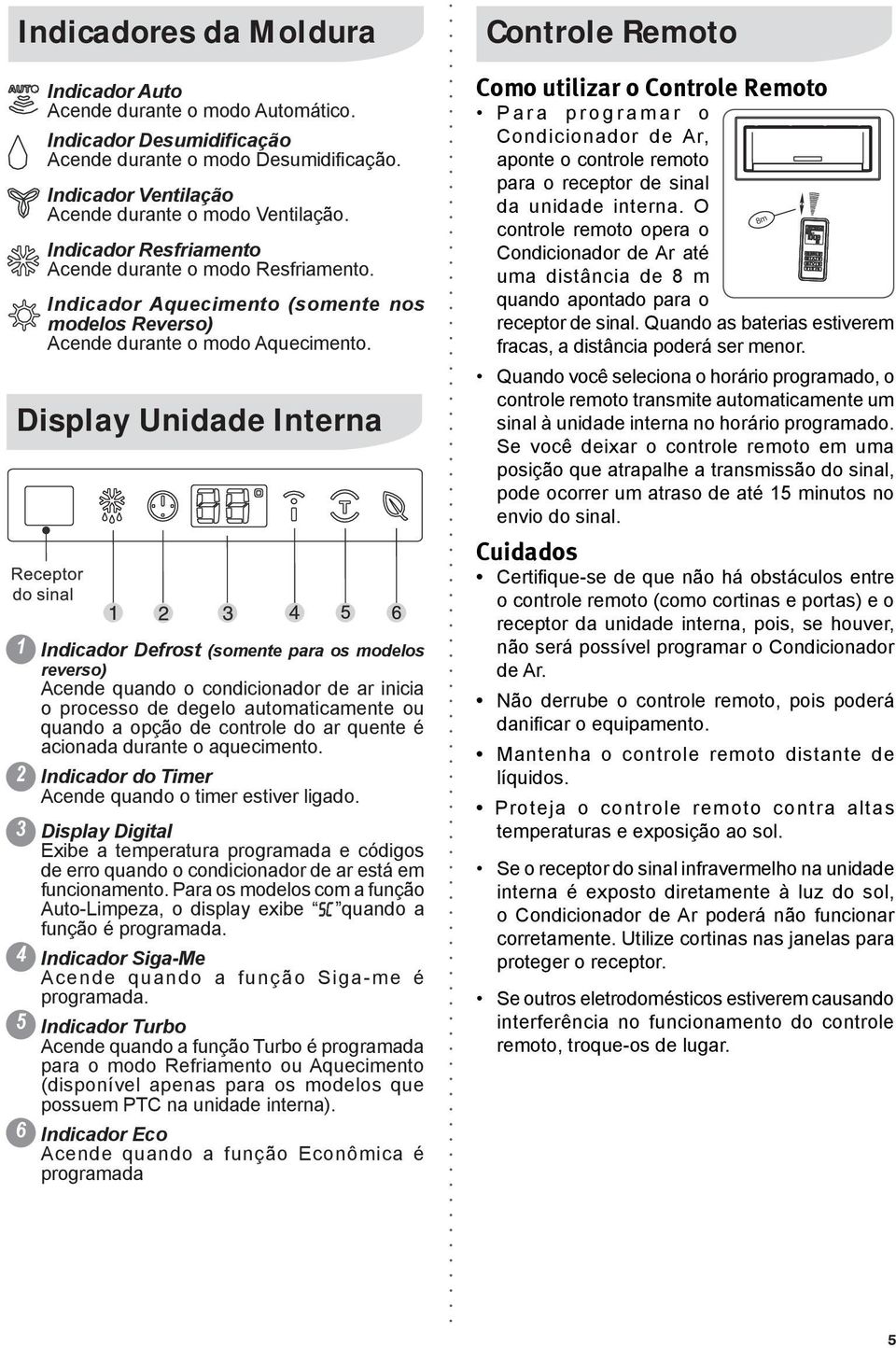 Indicador Defrost (somente para os modelos reverso) Acende quando o condicionador de ar inicia o processo de degelo automaticamente ou quando a opção de controle do ar quente é acionada durante o