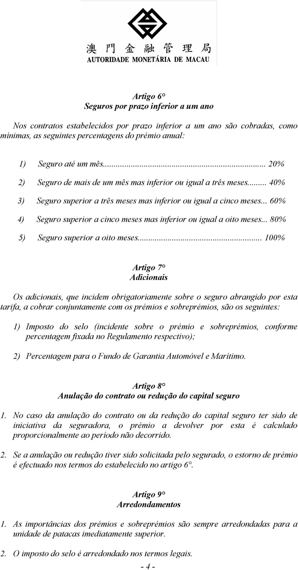 .. 60% 4) Seguro superior a cinco meses mas inferior ou igual a oito meses... 80% 5) Seguro superior a oito meses.