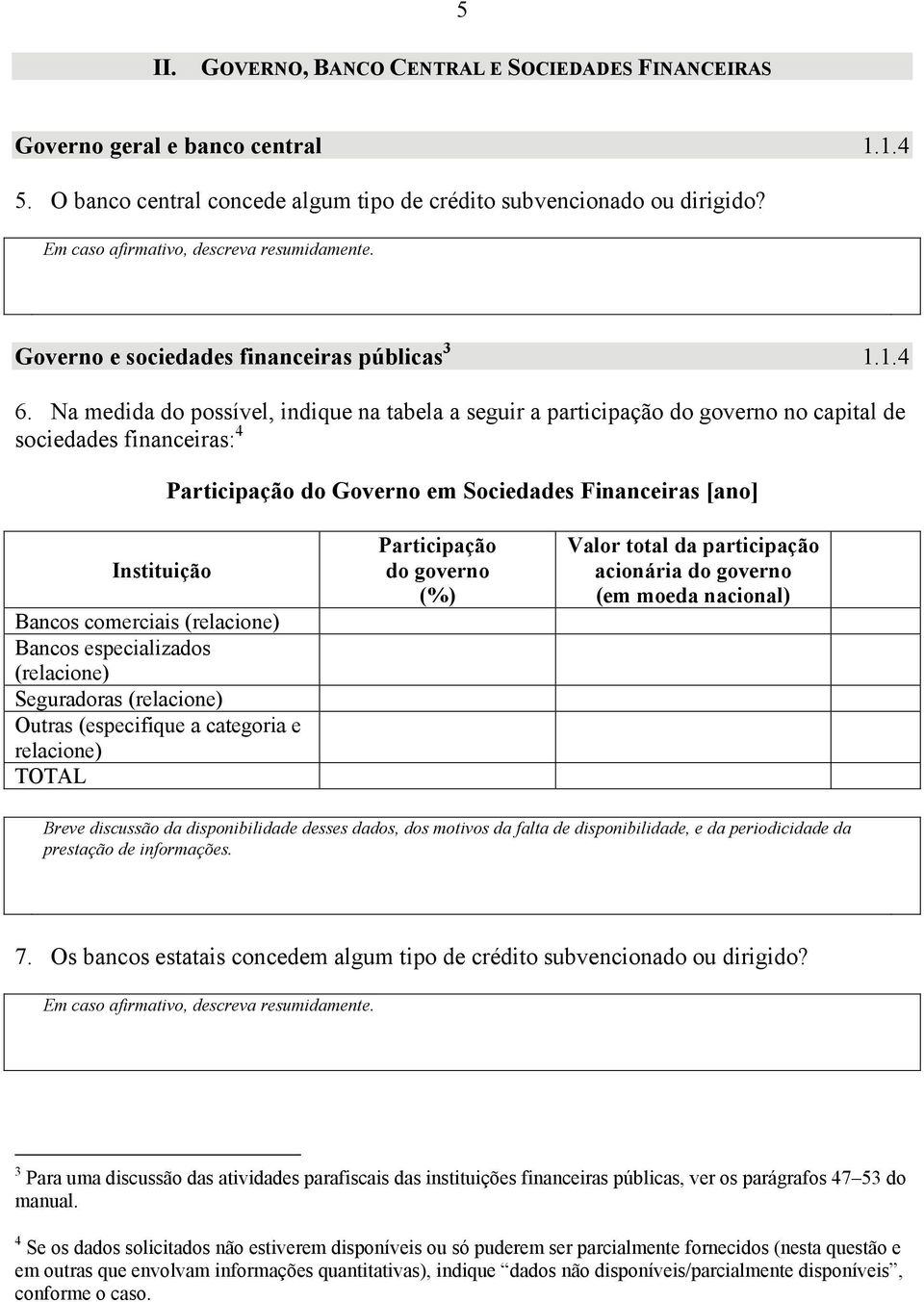 Na medida do possível, indique na tabela a seguir a participação do governo no capital de sociedades financeiras: 4 Participação do Governo em Sociedades Financeiras [ano] Instituição Bancos