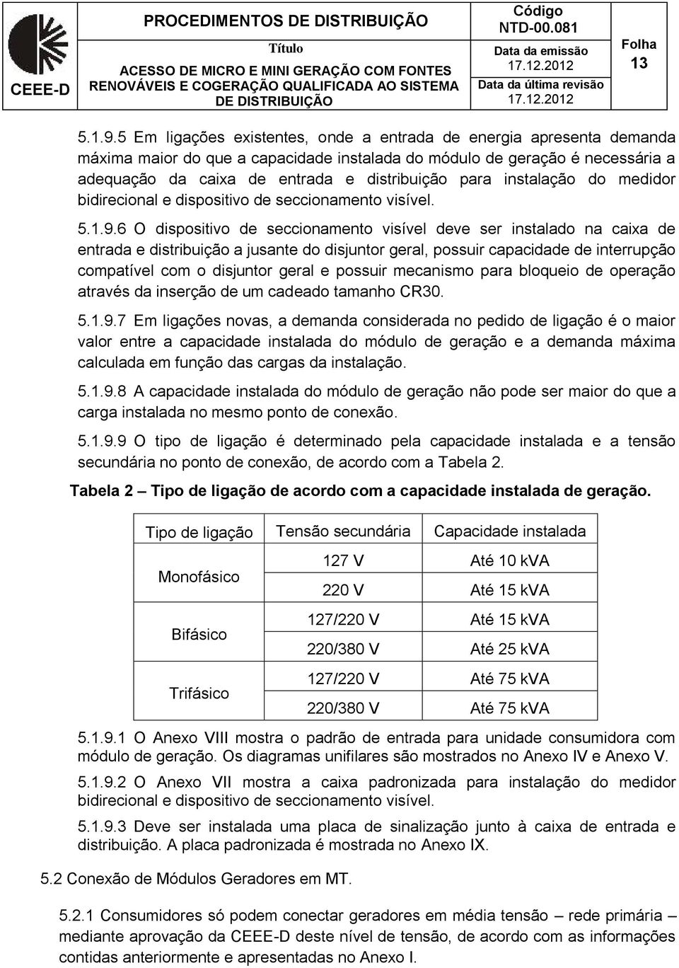 instalação do medidor bidirecional e dispositivo de seccionamento visível. 5.1.9.