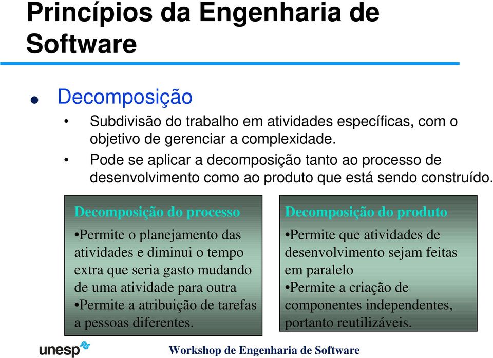 Decomposição do processo Permite o planejamento das atividades e diminui o tempo extra que seria gasto mudando de uma atividade para outra Permite a