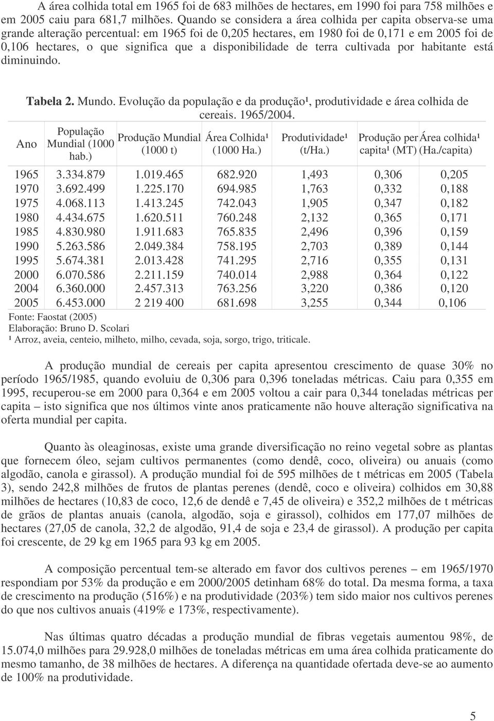 disponibilidade de terra cultivada por habitante está diminuindo. Tabela 2. Mundo. Evolução da população e da produção¹, produtividade e área colhida de cereais. 1965/2004.