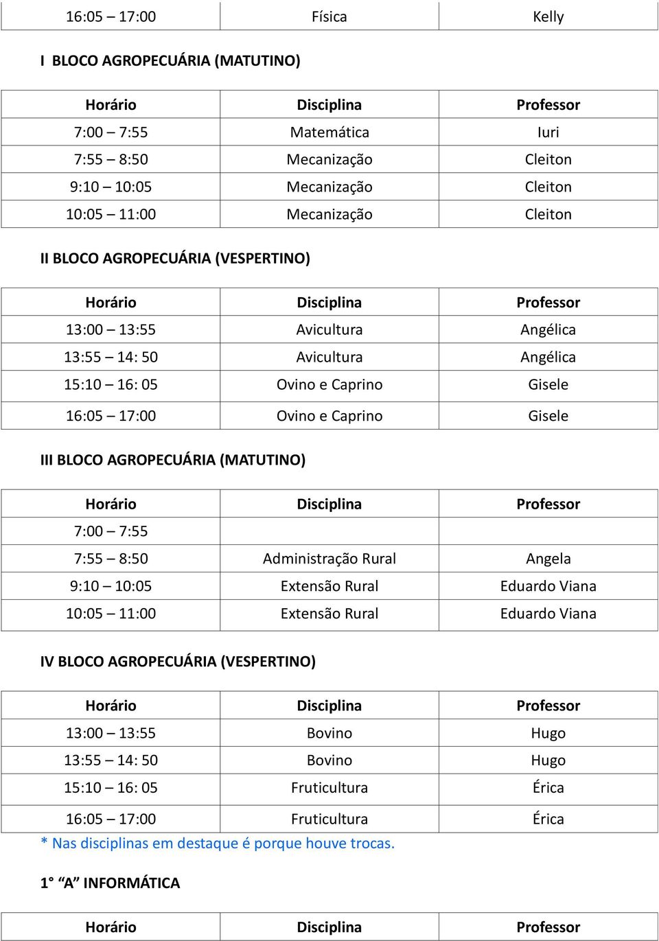 AGROPECUÁRIA (MATUTINO) 7:00 7:55 7:55 8:50 Administração Rural Angela 9:10 10:05 Extensão Rural Eduardo Viana 10:05 11:00 Extensão Rural Eduardo Viana IV BLOCO AGROPECUÁRIA