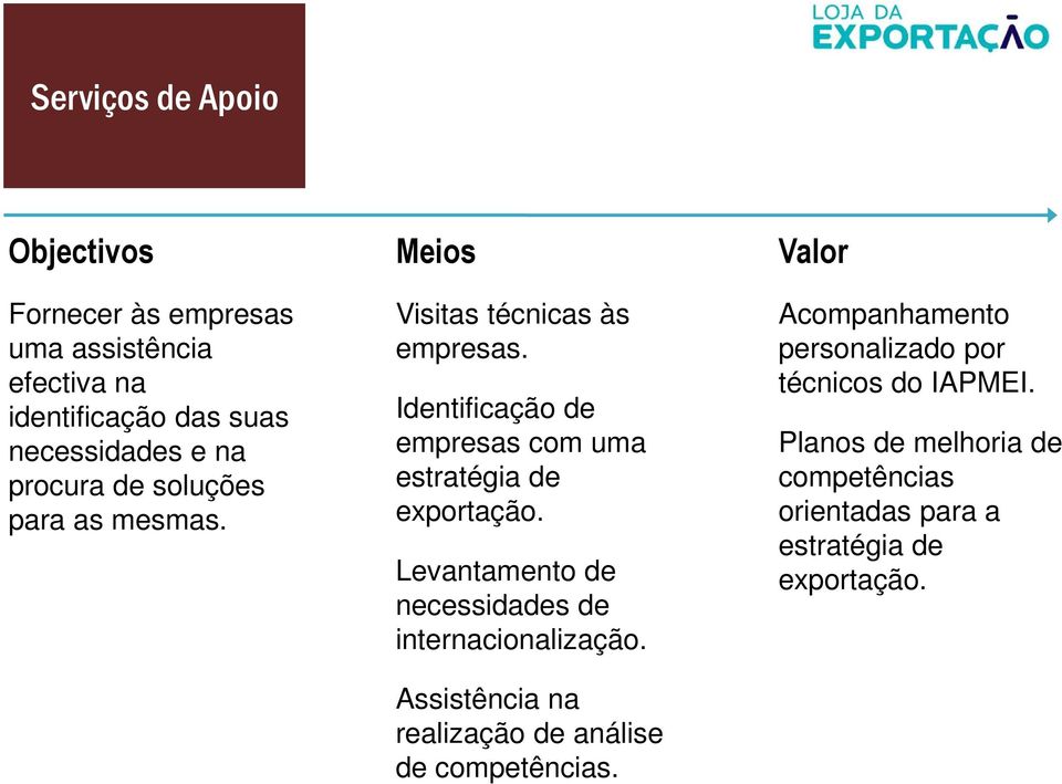 Identificação de empresas com uma estratégia de exportação. Levantamento de necessidades de internacionalização.