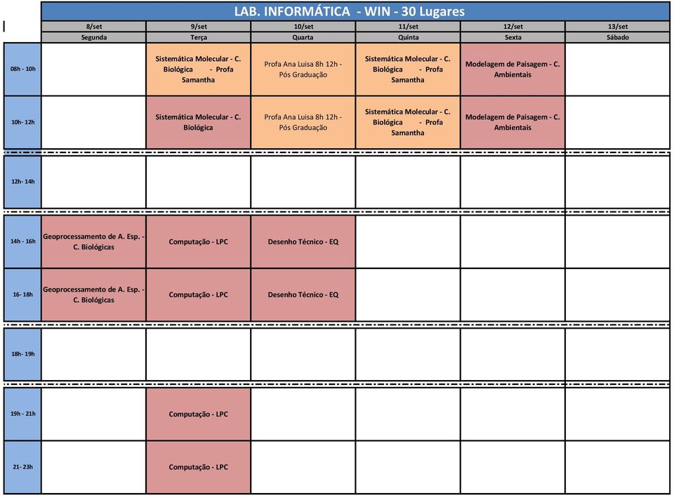 Biológica - Profa Samantha Profa Ana Luisa 8h 12h - Pós Graduação Sistemática 