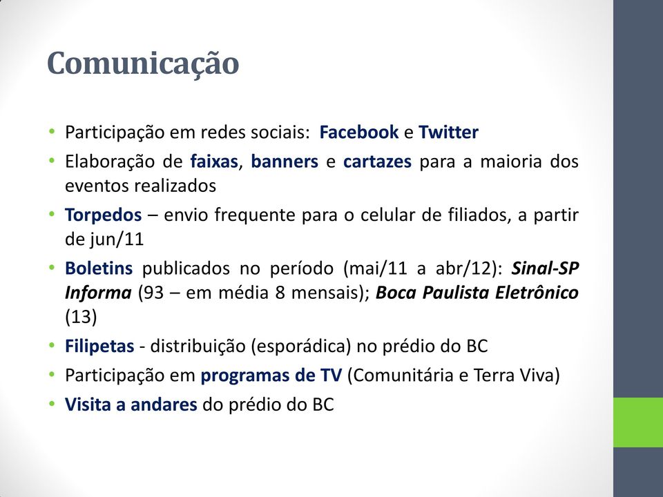 período (mai/11 a abr/12): Sinal-SP Informa (93 em média 8 mensais); Boca Paulista Eletrônico (13) Filipetas -