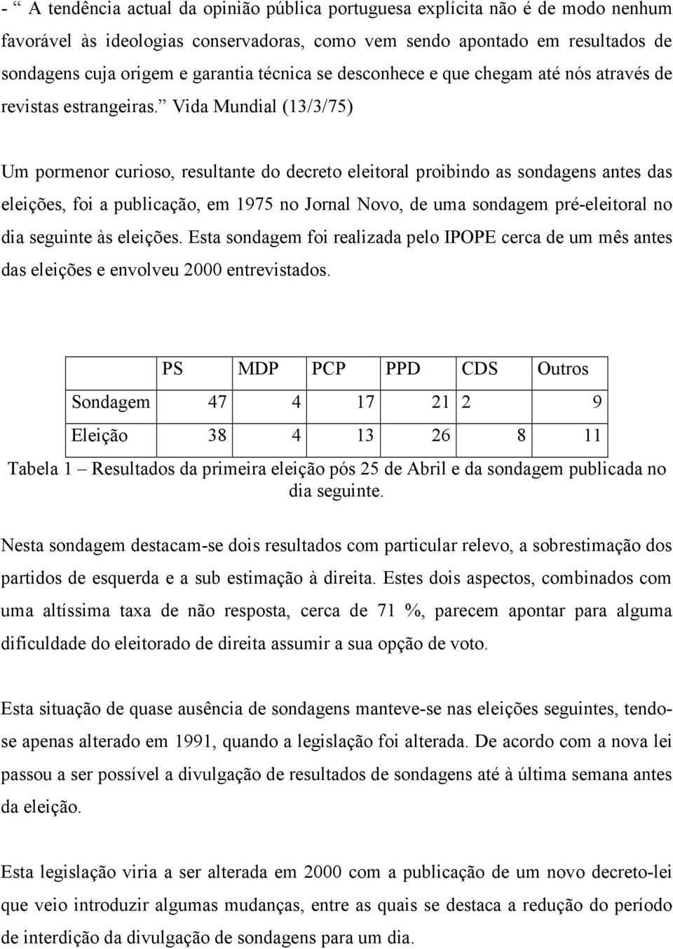 Vida Mundial (13/3/75) Um pormenor curioso, resultante do decreto eleitoral proibindo as sondagens antes das eleições, foi a publicação, em 1975 no Jornal Novo, de uma sondagem pré-eleitoral no dia