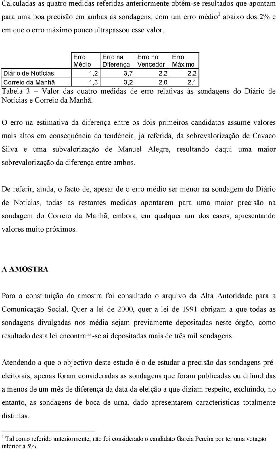 Erro Médio Erro na Diferença Erro no Vencedor Erro Máximo Diário de Notícias 1,2 3,7 2,2 2,2 Correio da Manhã 1,3 3,2 2,0 2,1 Tabela 3 Valor das quatro medidas de erro relativas às sondagens do