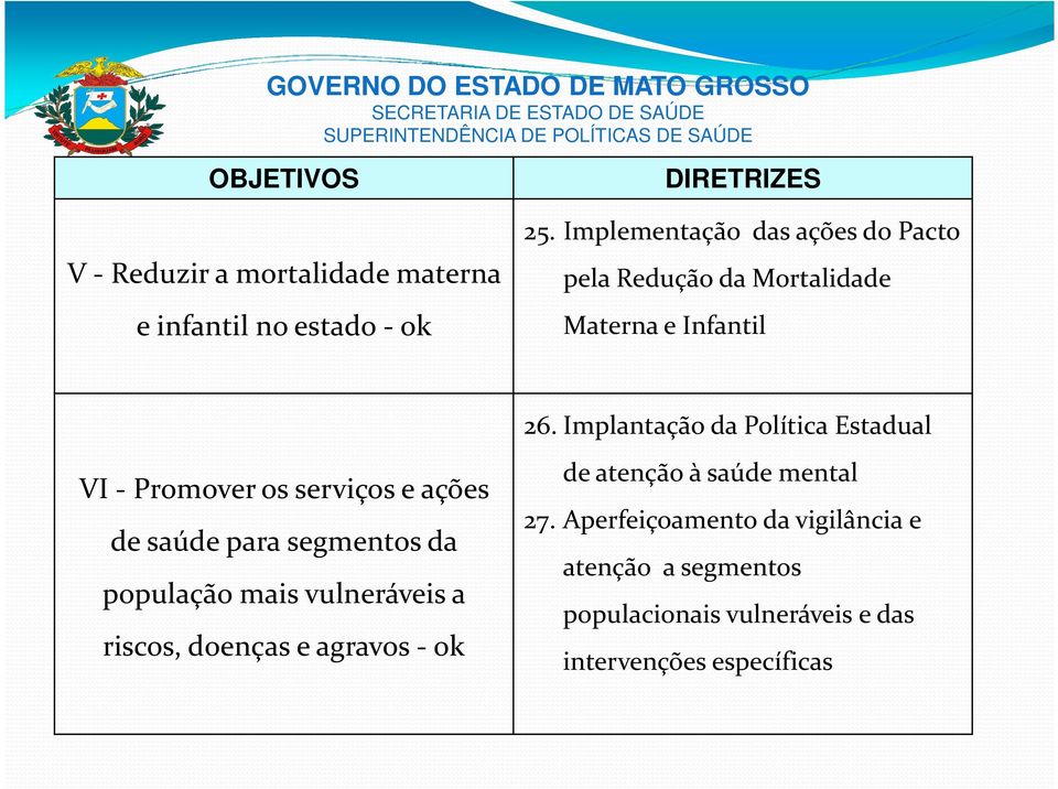 Implantação da PolíticaEstadual VI - Promover os serviços e ações de saúde para segmentos da população mais