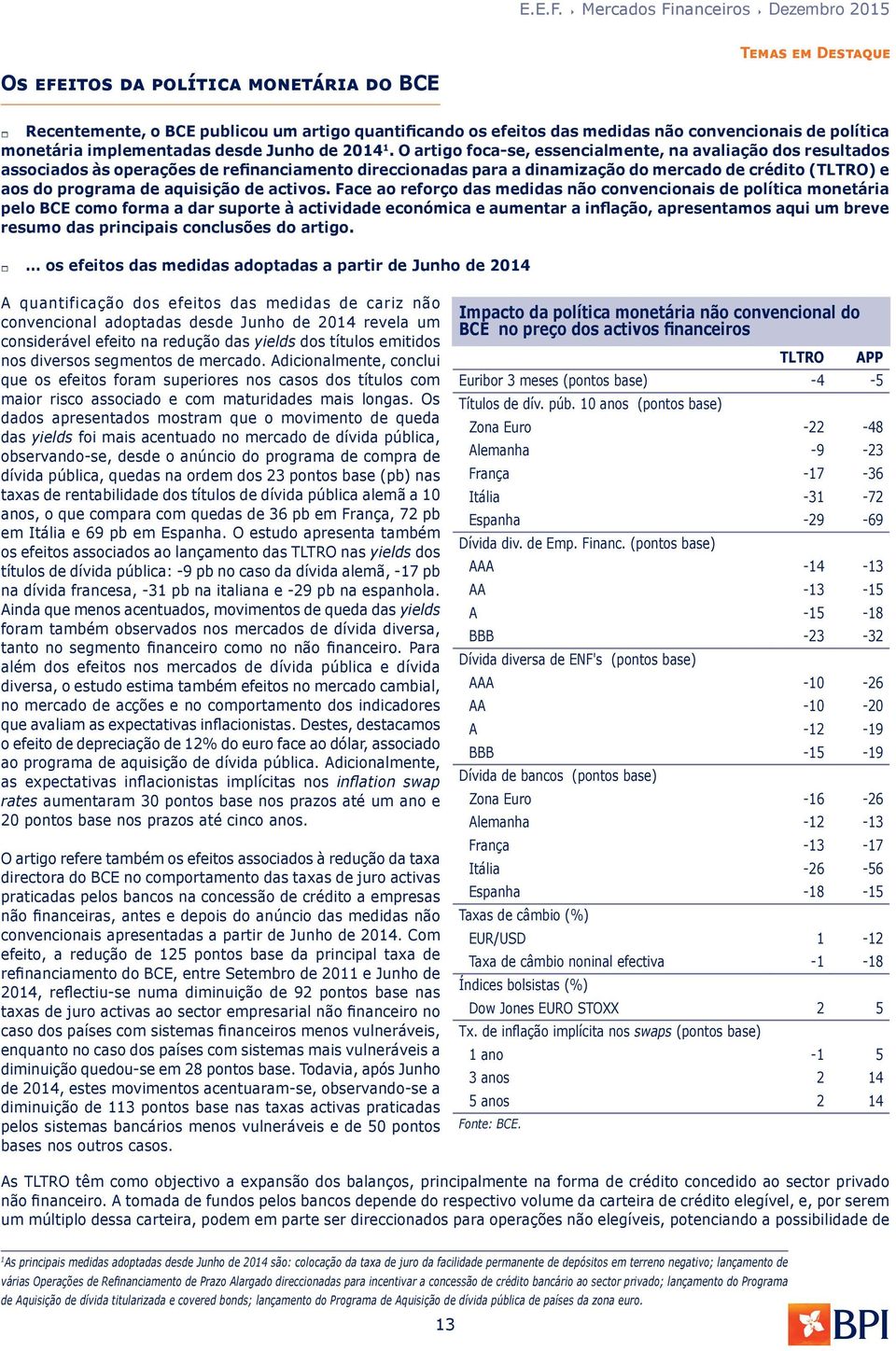 O artigo foca-se, essencialmente, na avaliação dos resultados associados às operações de refinanciamento direccionadas para a dinamização do mercado de crédito (TLTRO) e aos do programa de aquisição