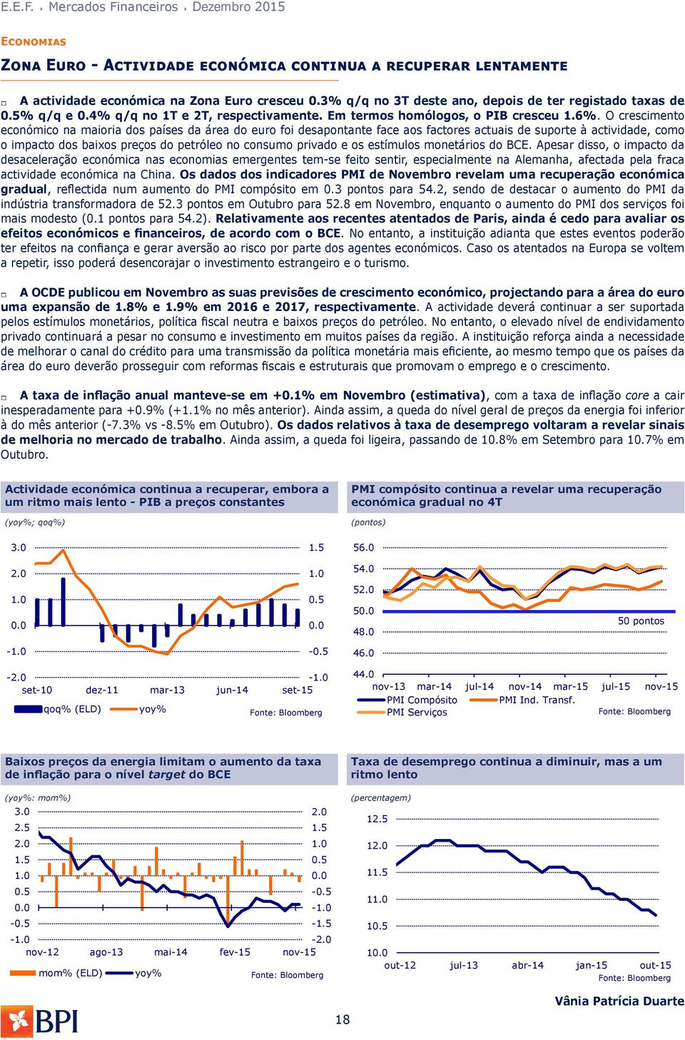 O crescimento económico na maioria dos países da área do euro foi desapontante face aos factores actuais de suporte à actividade, como o impacto dos baixos preços do petróleo no consumo privado e os